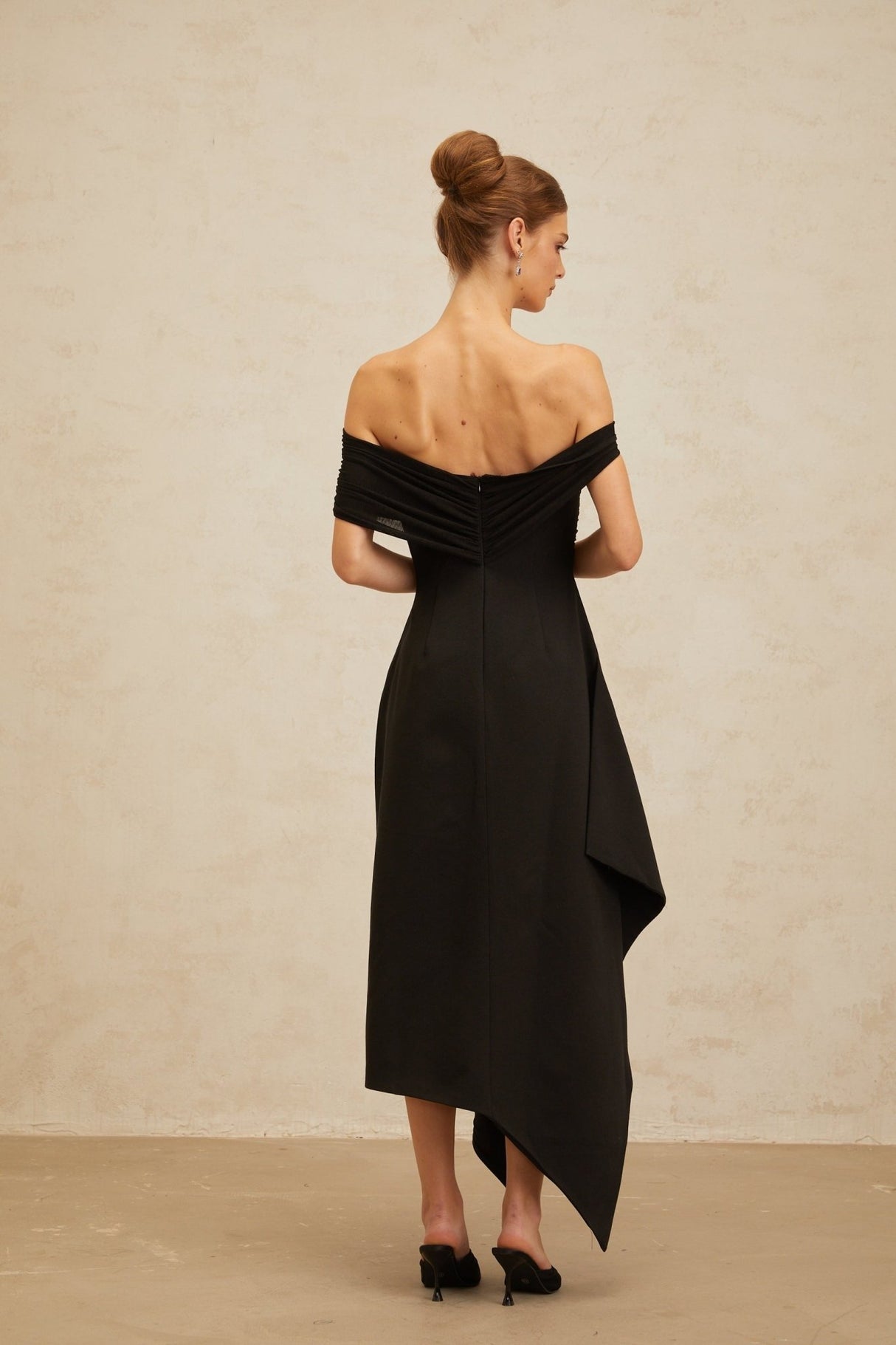 Meredith Maxi Dress - Off the Shoulder - Cinched Waist - Asymmetrical Hemline & Ruched Detailing