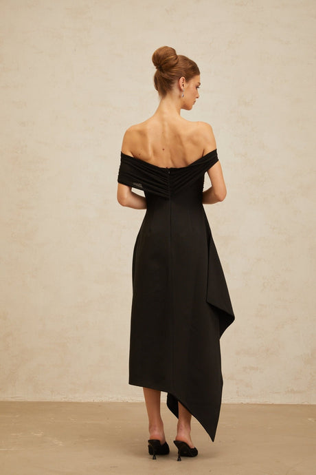Meredith Maxi Dress - Off the Shoulder - Cinched Waist - Asymmetrical Hemline & Ruched Detailing