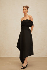 Meredith Maxi Dress - Off the Shoulder - Cinched Waist - Asymmetrical Hemline & Ruched Detailing