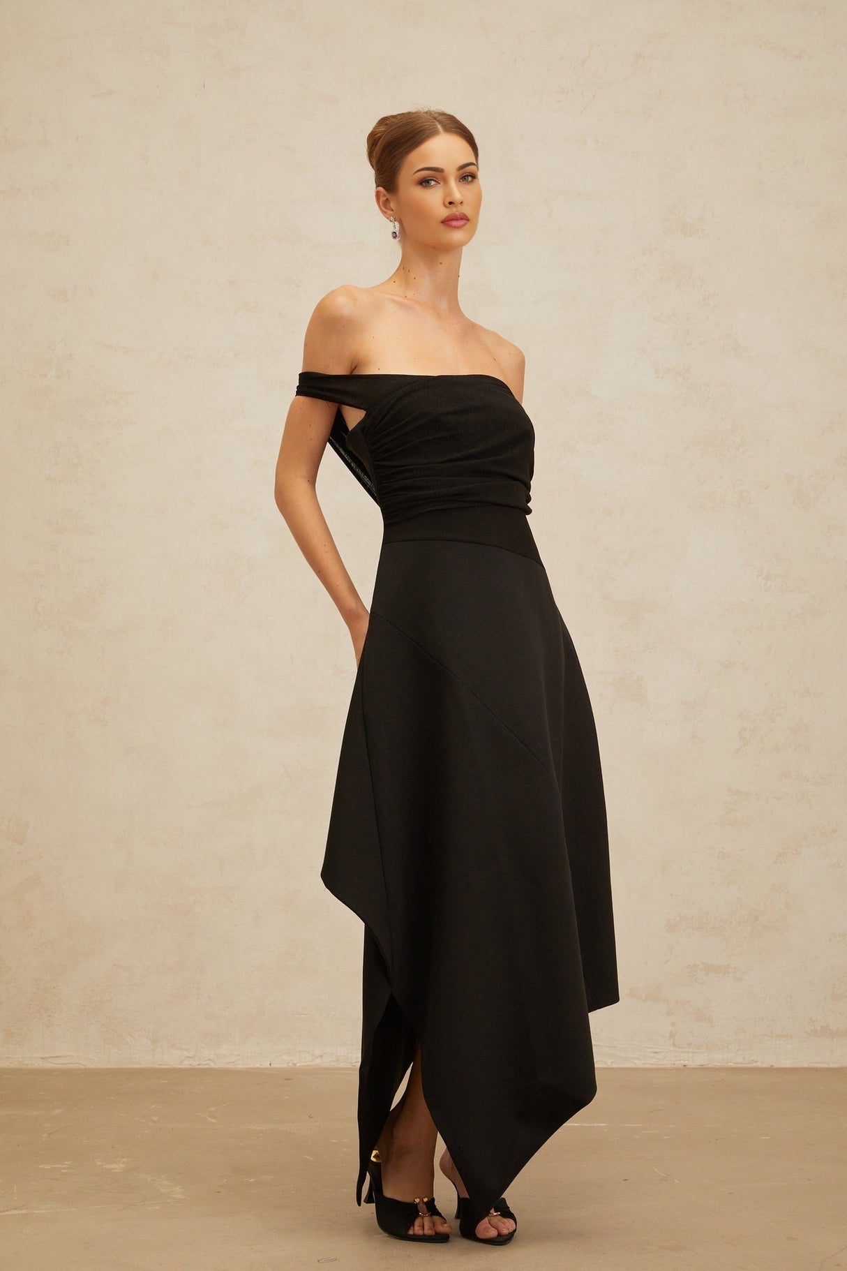 Meredith Maxi Dress - Off the Shoulder - Cinched Waist - Asymmetrical Hemline & Ruched Detailing