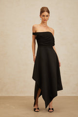 Meredith Maxi Dress - Off the Shoulder - Cinched Waist - Asymmetrical Hemline & Ruched Detailing