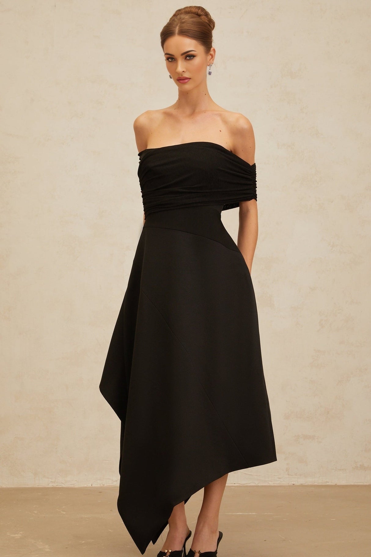 Meredith Maxi Dress - Off the Shoulder - Cinched Waist - Asymmetrical Hemline & Ruched Detailing