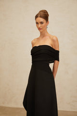 Meredith Maxi Dress - Off the Shoulder - Cinched Waist - Asymmetrical Hemline & Ruched Detailing