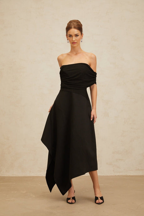 Meredith Maxi Dress - Off the Shoulder - Cinched Waist - Asymmetrical Hemline & Ruched Detailing