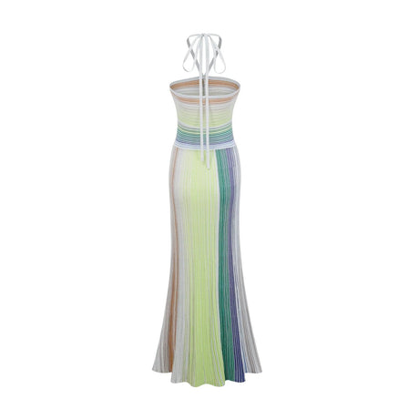 Metallic knit maxi dress with backless design in gold or silver color floor length form fitting silhouette