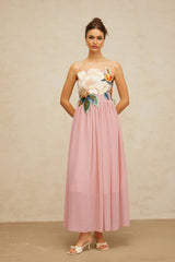 Mia Maxi Dress Pink Floral Embroidered Shirred Square Neck Floor - Length