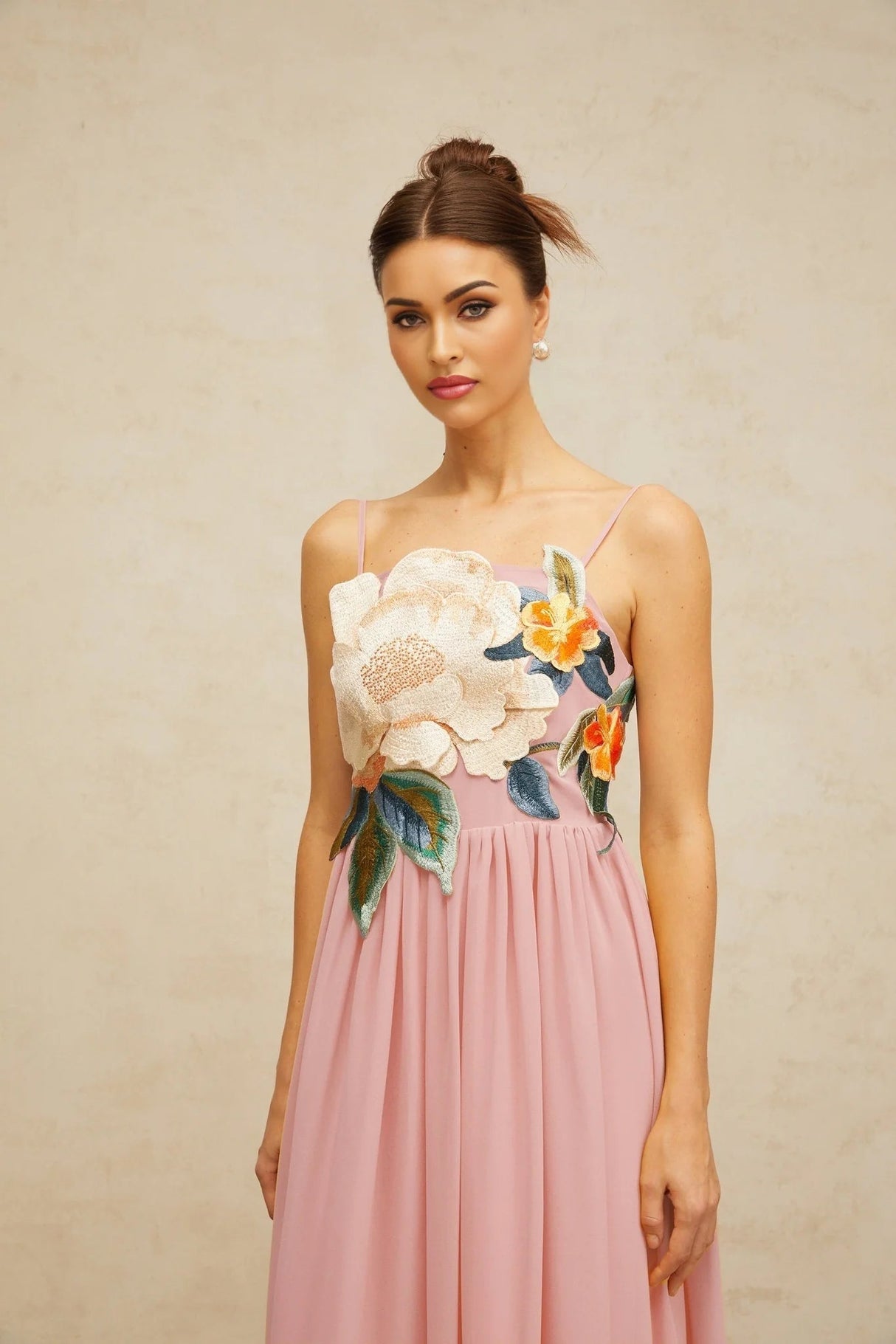 Mia Maxi Dress Pink Floral Embroidered Shirred Square Neck Floor - Length