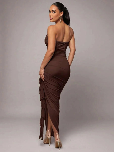 Mia Maxi Dress - Style Party Style - Slim Fit - Cut Out, Ruched, Zipper - Hem Shaped Mermaid - Length Midi Length - Neckline Strapless