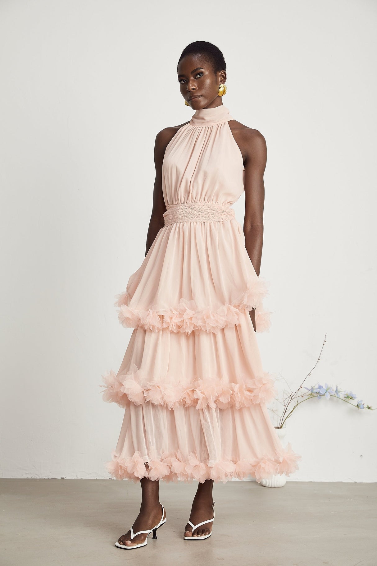 Micah pink 3Dpetal tiered midi dress