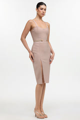 Michaela Beige Elegant Silhouette Slit Design Dress Waist Band Buttons Neckline Chic Flair Cocktail Party Romantic Dinner Confidence Style