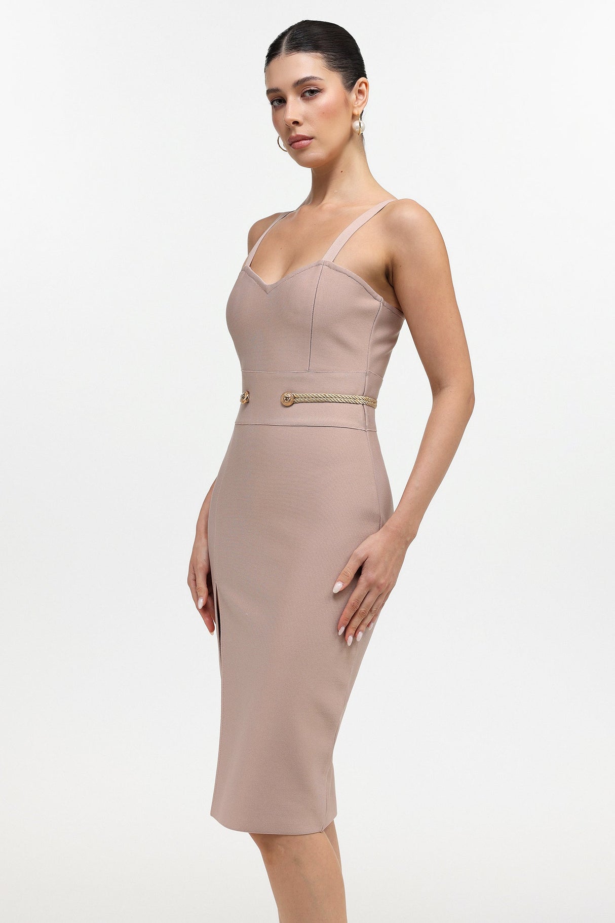 Michaela Beige Elegant Slit Dress with Waist Band and Buttons