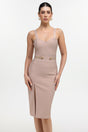Michaela Beige Elegant Silhouette Slit Dress Allure Formal Semi-Formal Band Buttons Waist Neckline Chic Cocktail Party Romantic Dinner Confidence Style