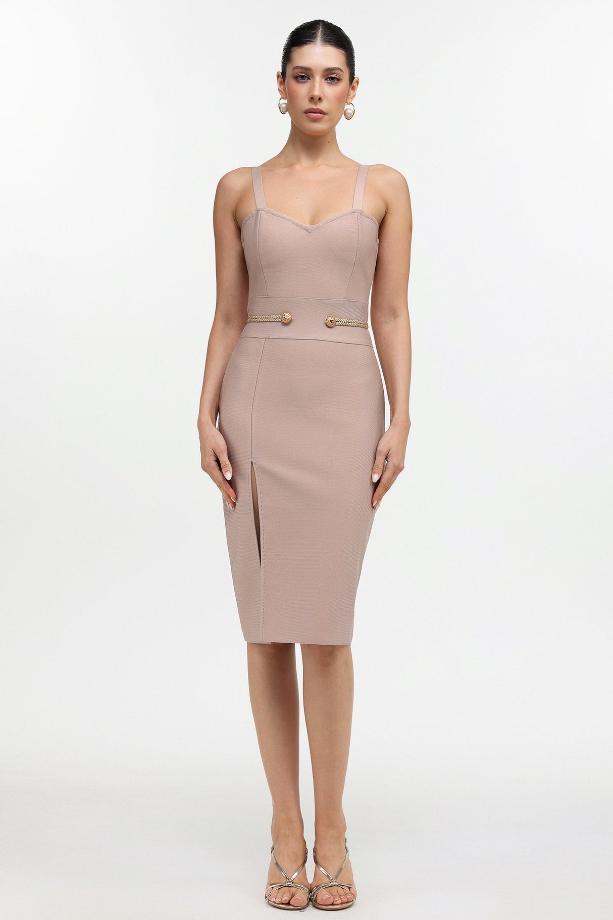 Michaela Beige Elegant Slit Dress with Waist Band and Buttons