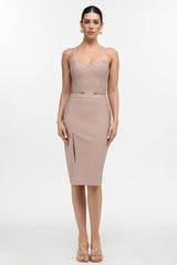 Michaela Beige Elegant Slit Dress with Waist Band and Buttons
