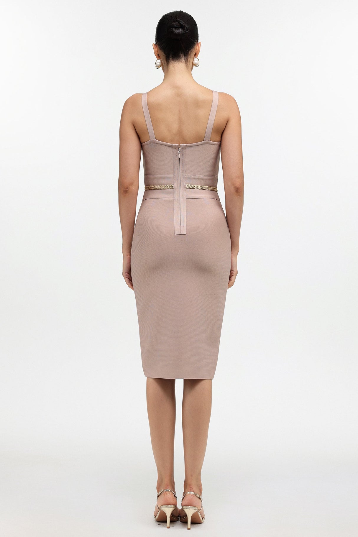 Michaela Beige Slit Design Dress with Waist Band and Buttons