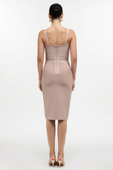 Michaela Beige Slit Design Dress with Waist Band and Buttons