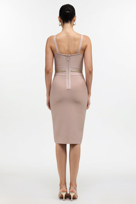 Michaela Beige Slit Design Dress with Waist Band and Buttons