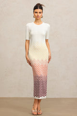 Michaela Beige Zigzag Midi Dress Round Neckline Short Sleeves Elegant Style Comfortable Fit Quality Materials Sophisticated Look Casual Outing Charm Grace