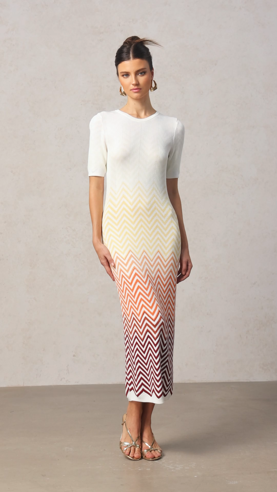 Michaela Beige Zigzag Midi Dress Round Neckline Short Sleeves