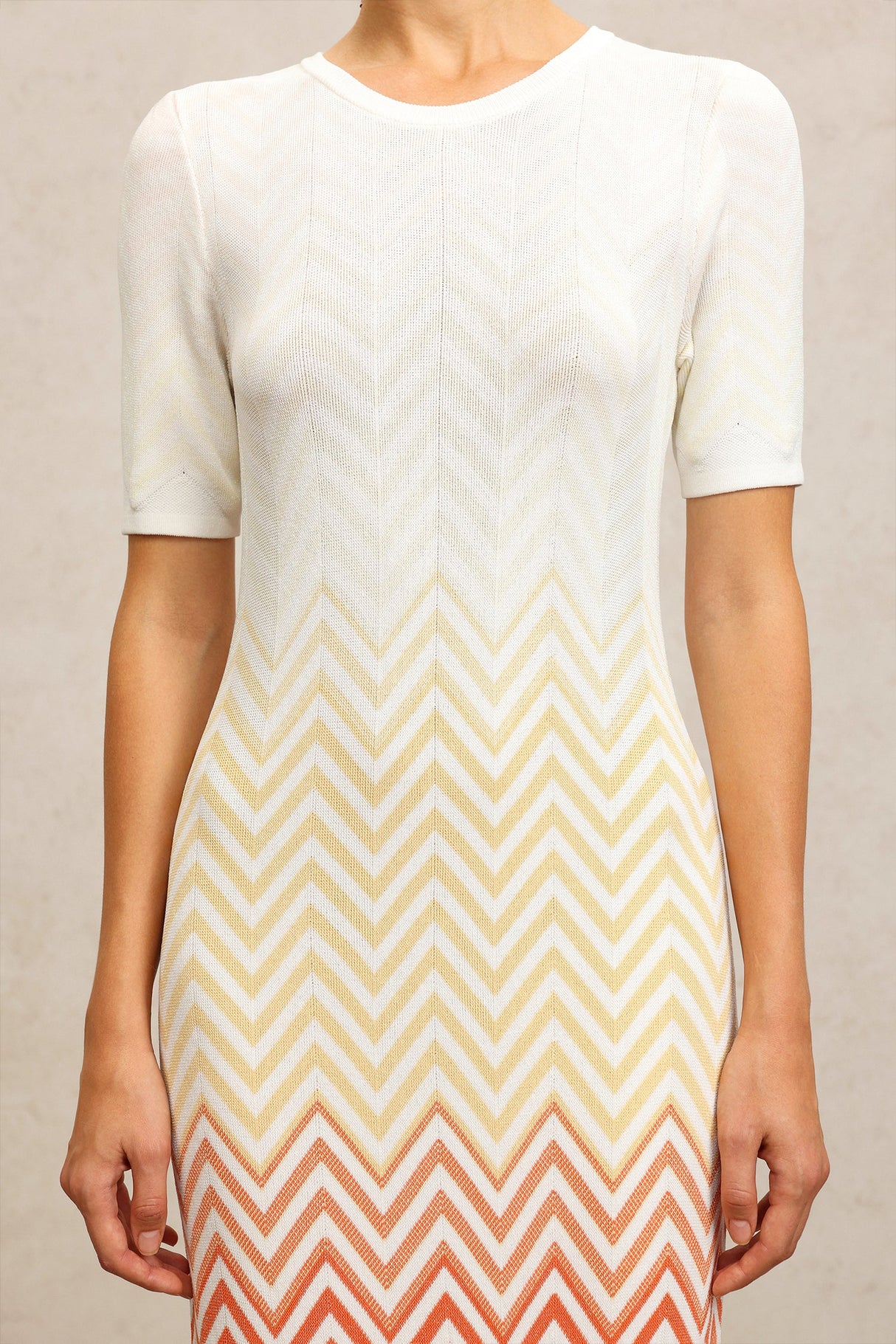 Michaela Beige Zigzag Midi Dress Round Neck Short Sleeves Elegant Stylish Comfortable Quality Materials Sophisticated Flats Casual Outing Charm Grace