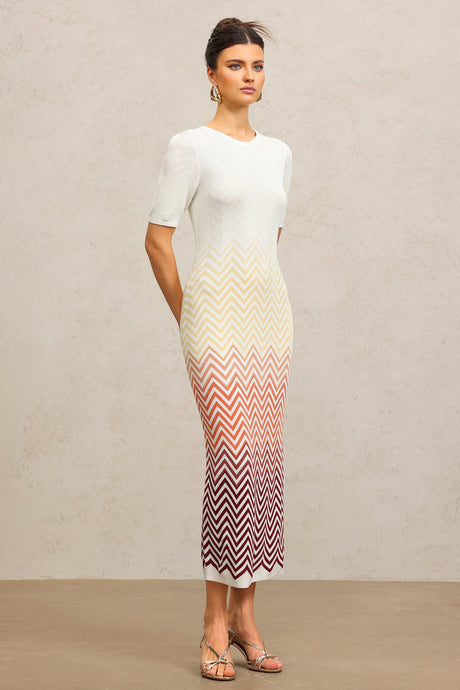 Michaela Beige Zigzag Midi Dress Round Neckline Short Sleeves