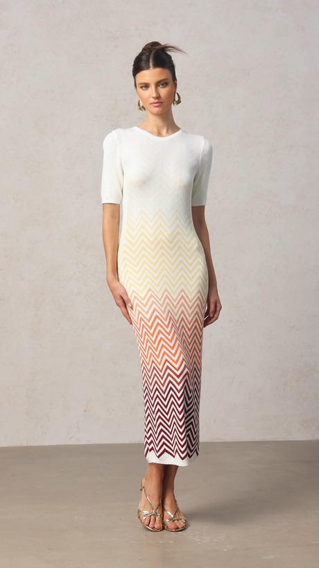 Michaela Beige Zigzag Midi Dress
