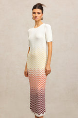 Michaela Beige Zigzag Midi Dress Round Neckline Short Sleeves Elegant Style Comfortable Fit Quality Materials Sophisticated Look Casual Outing Charm Grace