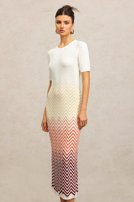 Michaela Beige Zigzag Midi Dress Round Neckline Short Sleeves Elegant Style Comfortable Fit Quality Materials Sophisticated Look Casual Outing Charm Grace
