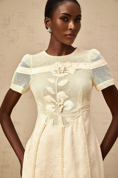 Michaela Midi Dress White Neutrals Floral Embroidery Openwork A - line