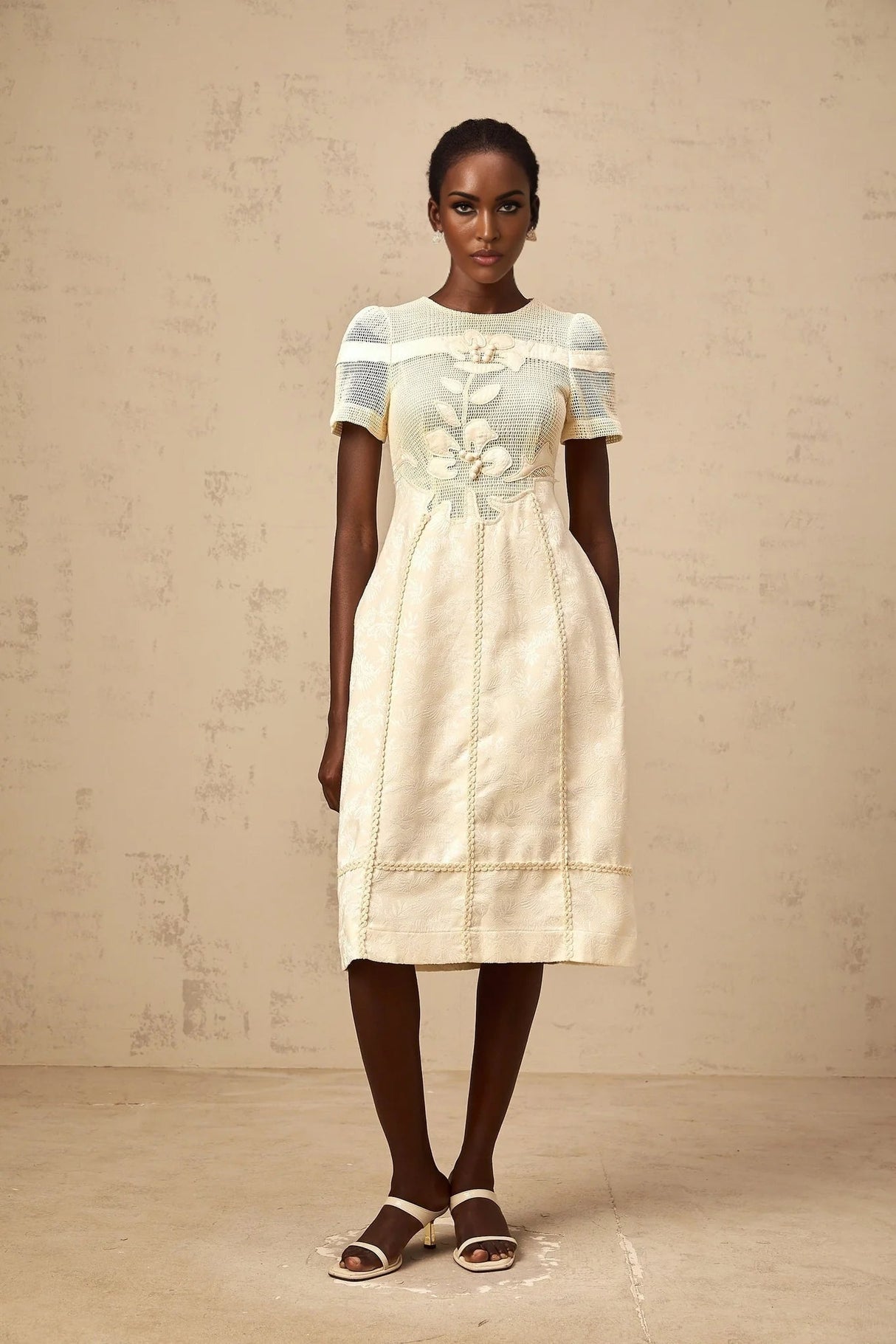 Michaela Midi Dress White Neutrals Floral Embroidery Openwork A - line