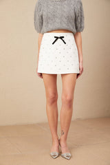 Michaela White A - Line Mini Skirt With Crystal and Bow Detail