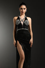 Michela Black Embellished V-Neckline Slit Dress for Special Occasions