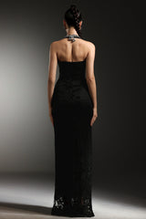 Michela Black Glamour V-Neckline Dress with Sparkling Embellishments and High Slit Design for Formal Events and Galas
