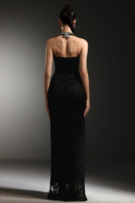 Michela Black Glamour V-Neckline Dress with Sparkling Embellishments and High Slit Design for Formal Events and Galas