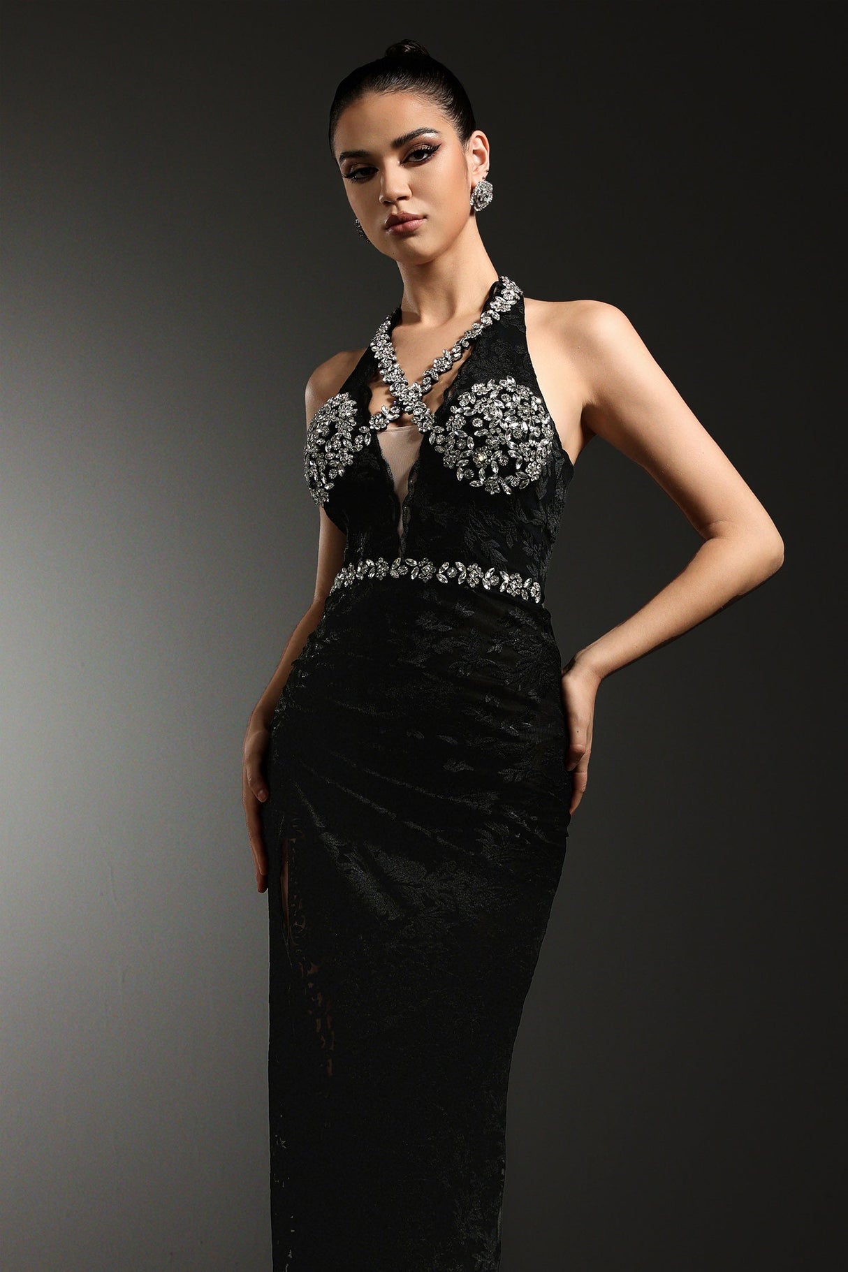 Michela Black Glamour V-Neckline Embellished High Slit Dress