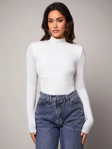 Michela Bodysuit - High Stretch Fabric Elasticity - Slim Fit - Casual Style - Long Sleeve Length - Backless, Ruched - Stand Collar Neckline