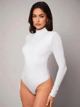 Michela Bodysuit - High Stretch Fabric Elasticity - Slim Fit - Casual Style - Long Sleeve Length - Backless, Ruched - Stand Collar Neckline