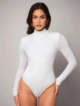 Michela Bodysuit - High Stretch Fabric Elasticity - Slim Fit - Casual Style - Long Sleeve Length - Backless, Ruched - Stand Collar Neckline