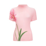 Michela Floral Midi Dress Pink Crew Neck with Short Sleeves & Pleated Detail
