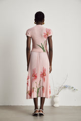 Michela Floral Midi Dress Pink Crew Neck with Short Sleeves & Pleated Detail