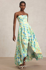 Michela Green Floral Maxi Dress Strapless Ruched Bodice Asymmetrical Hemline Elegant