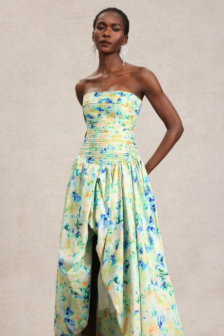 Michela Green Floral Print Maxi Dress with Strapless Neckline and Asymmetrical Hemline