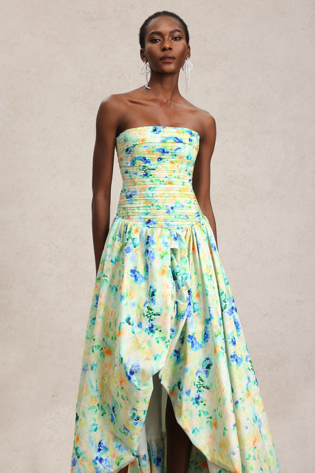 Michela Green Floral Print Strapless Maxi Dress with Asymmetrical Hemline