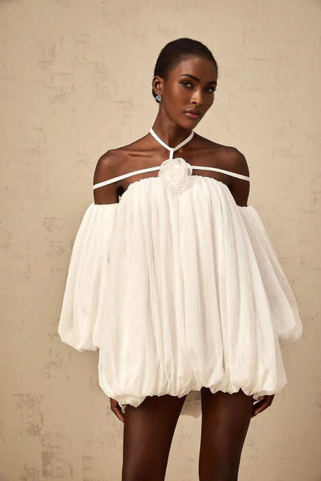 Michela Mini Dress White Floral Appliqu Halter Puff Sleeves Open Back