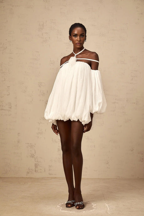 Michela Mini Dress White Floral Appliqu Halter Puff Sleeves Open Back