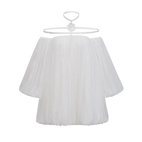 Michela Mini Dress White Floral Appliqu Halter Puff Sleeves Open Back