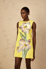 Michela Mini Dress Yellow Sequin Floral Embroidered