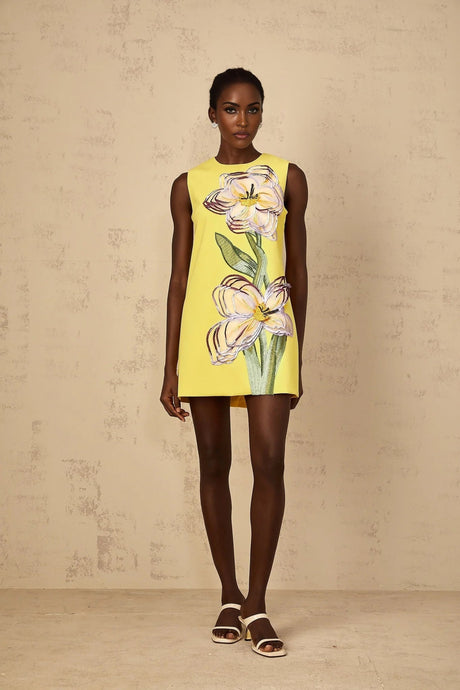 Michela Mini Dress Yellow Sequin Floral Embroidered