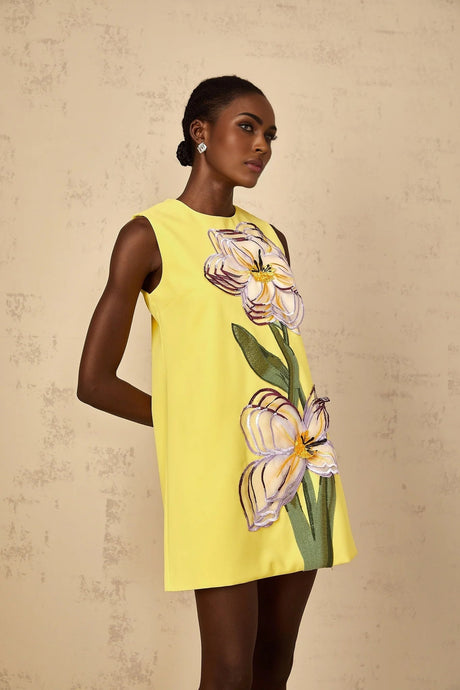Michela Mini Dress Yellow Sequin Floral Embroidered