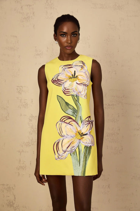 Michela Mini Dress Yellow Sequin Floral Embroidered